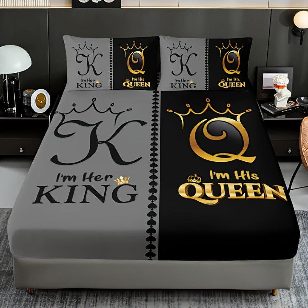 Bed Sheet Set 3 Piece Super Soft Microfiber Fitted Sheet with Pillowcases - Deep Pocket 15 Inch Crown Letter Print Color Block Bedding Twin Full Queen King All Season