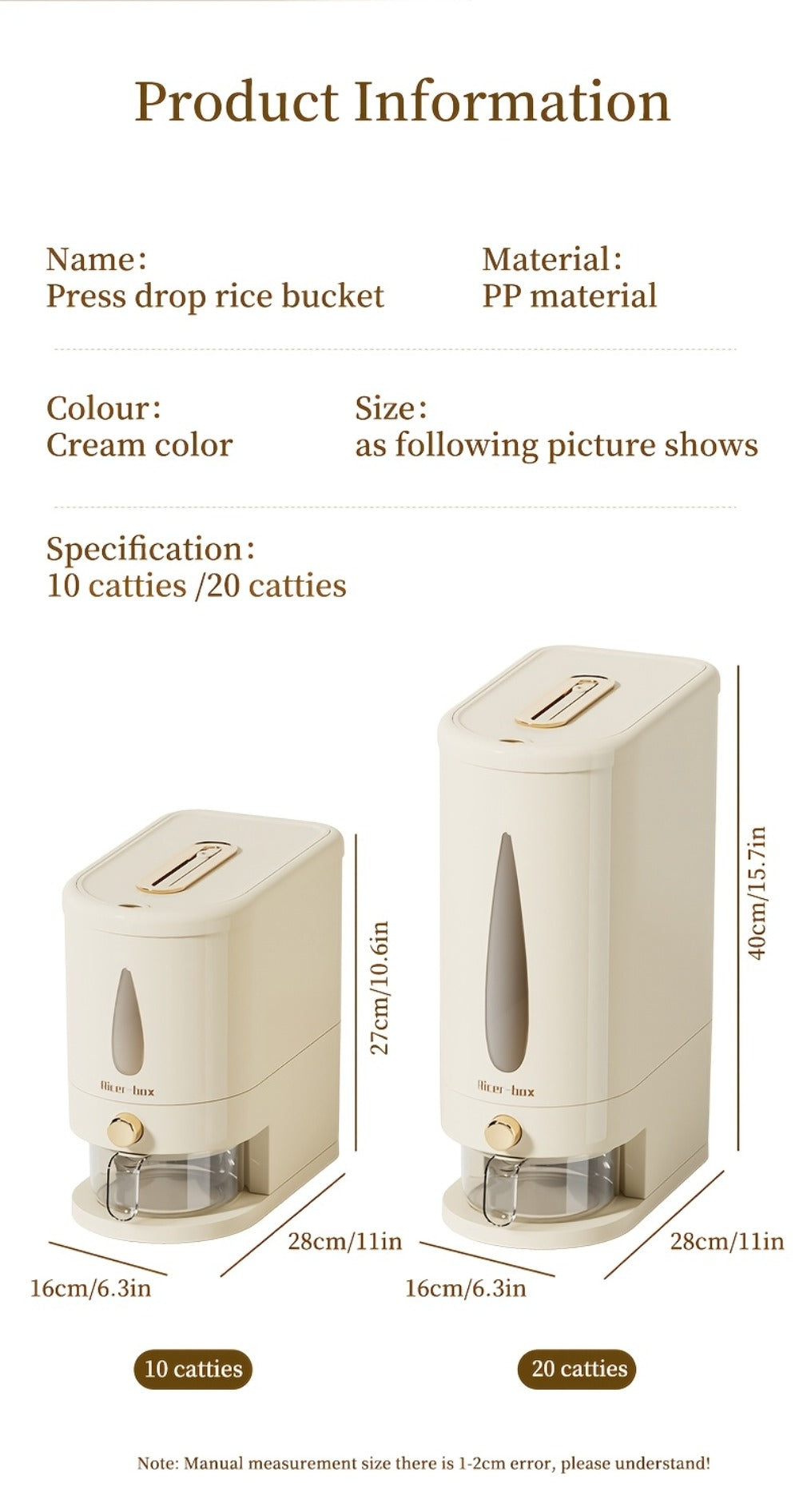 Rice Dispenser Storage Container Press Type Measuring Cup Moisture-Proof Sealed Grain Bin - Large Capacity Airtight Rice Storage Box for Rice Coffee Beans Flour Legumes Pet Food Kitchen Pantry Organizer