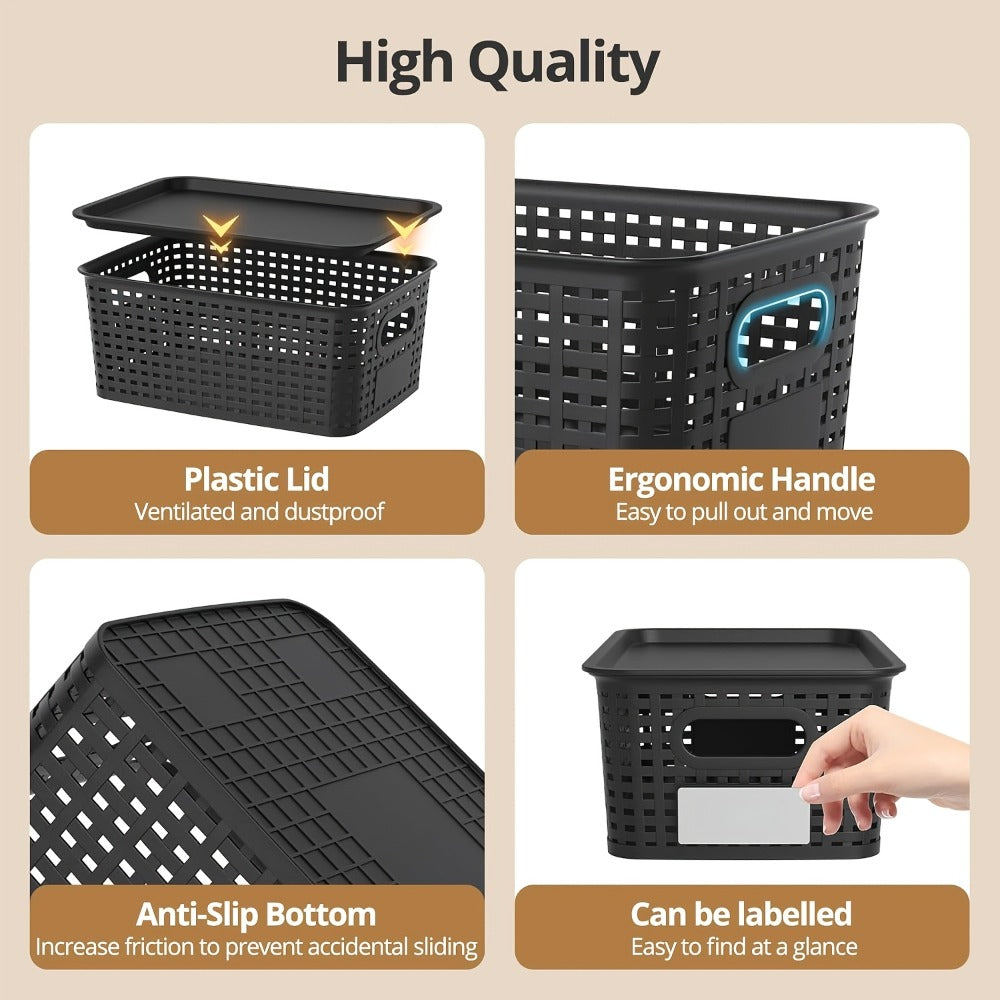 Storage Organizer Bins with Lids 4/8 Pack | Space-Saving Stackable Boxes 10¡±x7¡±x4¡± for Shelves, Closet & Desk - Declutter Bins for Dorm, Playroom & Office with File Organizer Bag, White Black Gray Red