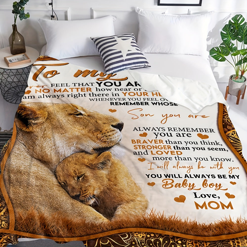 Flannel Throw Blanket with Lion Design & Inspirational Quote - Soft Cozy Knit Polyester, Heartfelt Gift for Son from Mom, Warm Home Decor Blanket