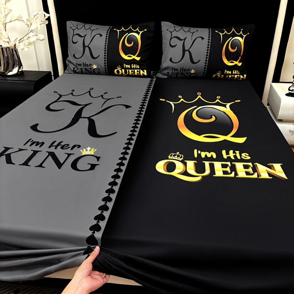 Bed Sheet Set 3 Piece Super Soft Microfiber Fitted Sheet with Pillowcases - Deep Pocket 15 Inch Crown Letter Print Color Block Bedding Twin Full Queen King All Season