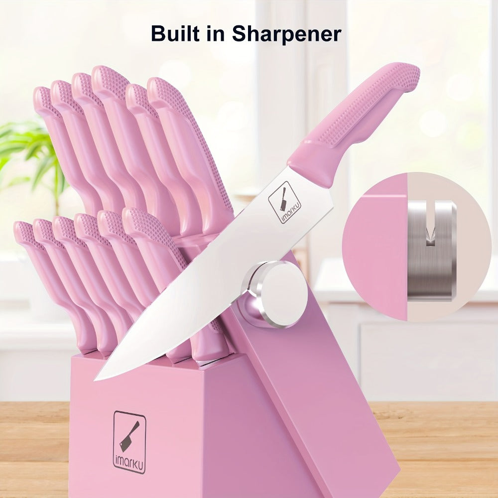 Knife Block Set 14 Piece Pink ¨C Japanese Stainless Steel Kitchen Knife Set with Built-in Sharpener, Non-Slip Ergonomic Handles, Dishwasher Safe, Perfect Holiday & Housewarming Gift for Women