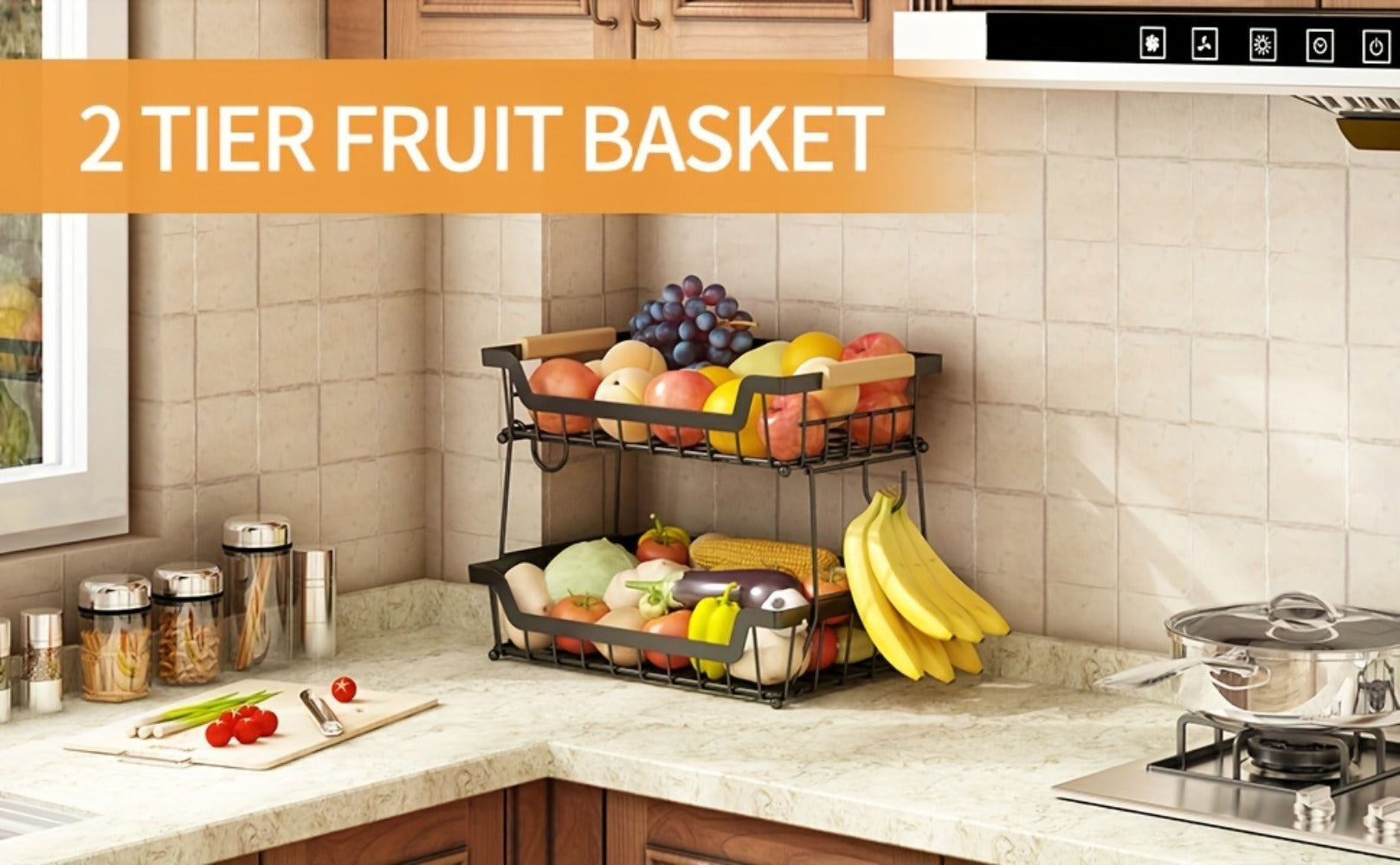 Fruit Basket with Banana Hanger, 2-3 Tier Metal Countertop Organizer with Wooden Handle ¡ª Detachable Kitchen Storage Stand for Fruits, Vegetables & Bread | Large Capacity | Black