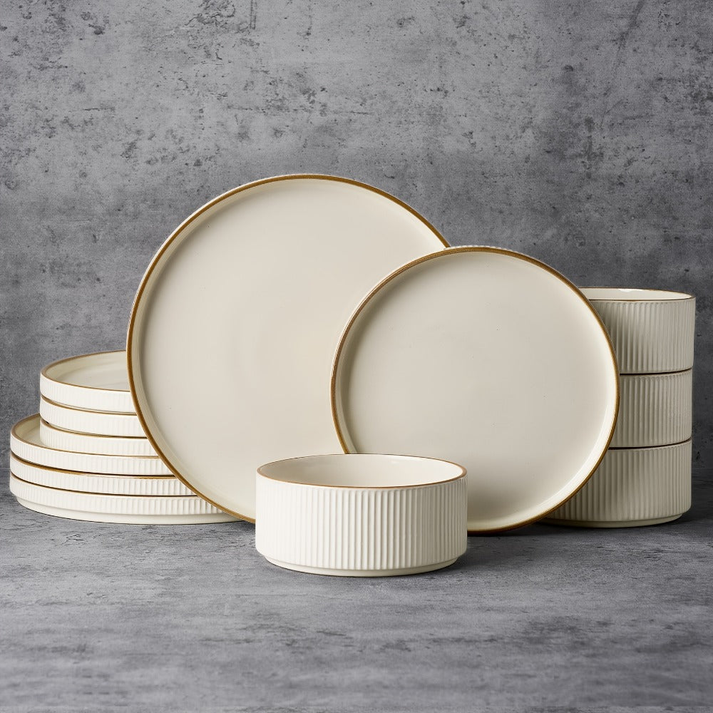 Dinnerware Set for 4 12 Piece Stoneware Plates and Bowls Set Microwave Dishwasher Safe Lead Free Double Reactive Glaze Dinner Plates Salad Plates Cereal Bowls for Everyday Use Holiday Gifts