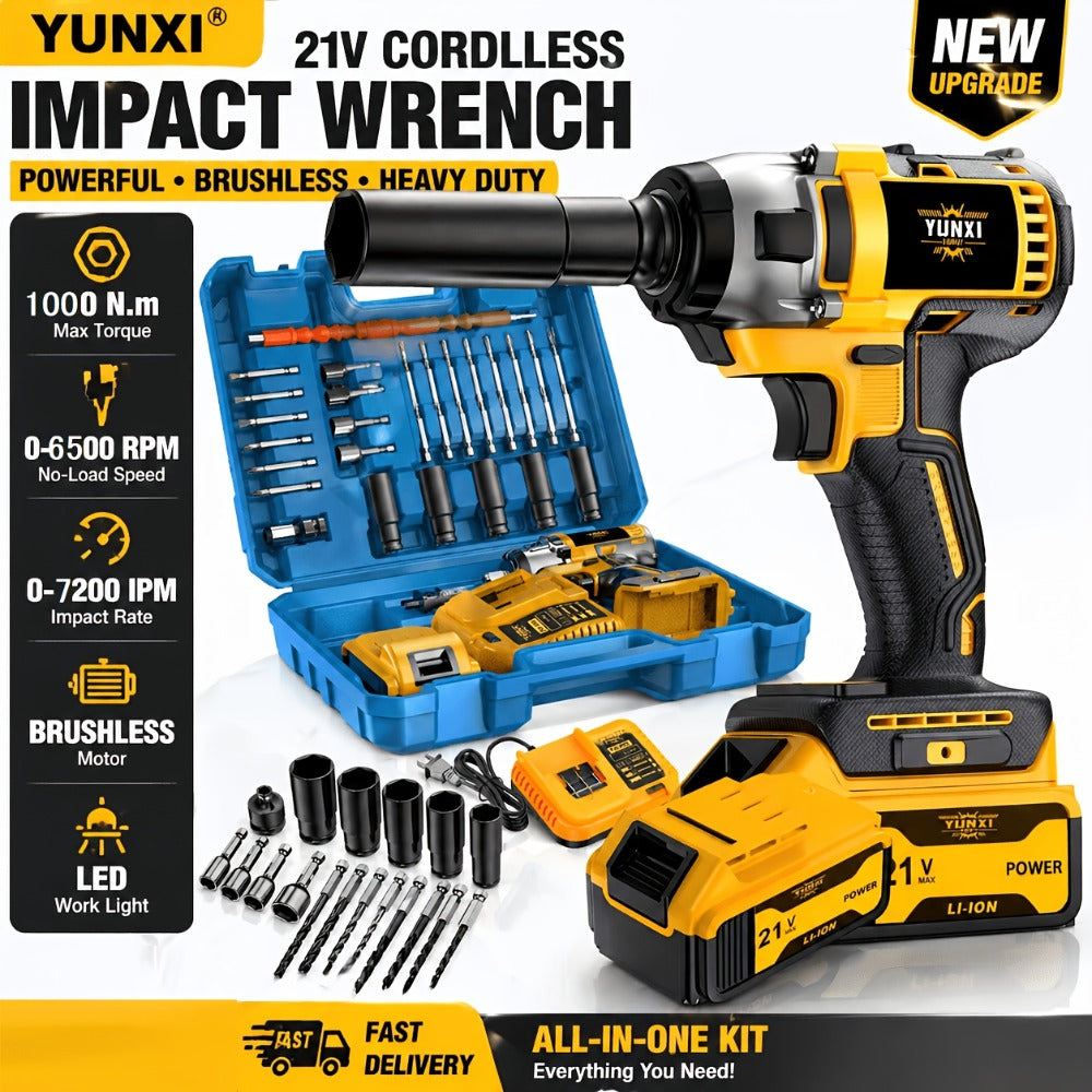 Impact Drill Set 21V Cordless with Drill Bit Accessories, Toolbox & Charger ¨C Heavy Duty Wireless Impact Wrench Drill, 2AH / 4AH Battery Options, for Car Repair, Construction & Heavy-Duty DIY Projects