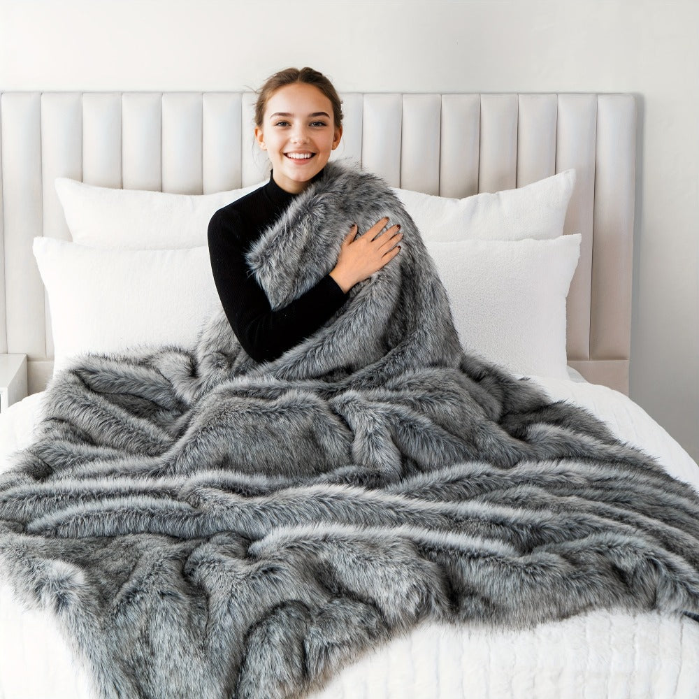 Long Hair Fluffy Reversible Plush Velvet Throw Blanket ¨C 300-350gsm Soft Elegant Throw for Couch & Bed, 6 Colors, 2 Sizes