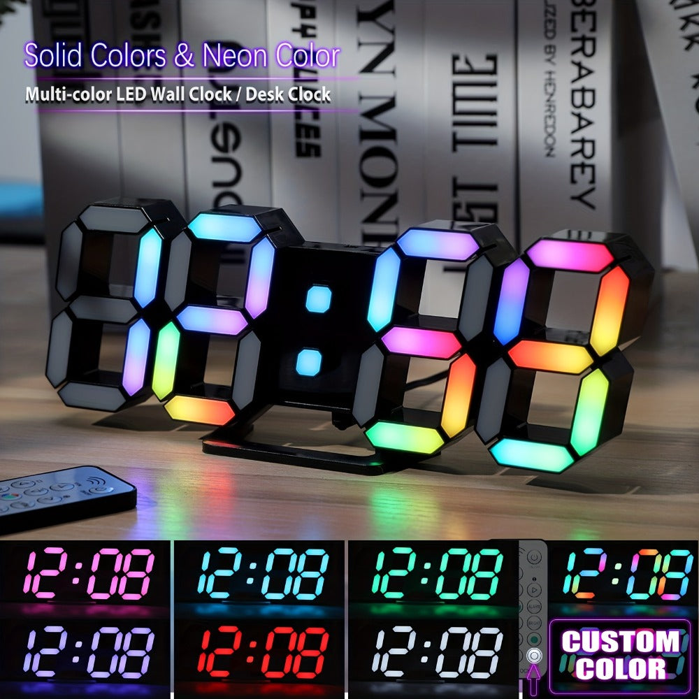 Digital Wall Clock RGB Neon LED 9.7¡± Large Display ¨C Aesthetic Alarm Clock with Remote Control, Adjustable Brightness, Date & Temperature Display for Bedroom, Living Room, Office & Gym