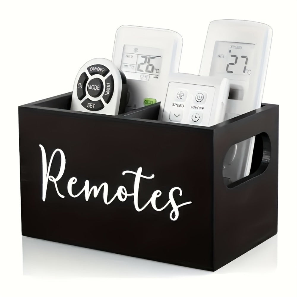 Remote Control Holder Wood Desk Organizer Multi-Compartment Storage Box for Remotes Office Supplies Minimalist Black Desktop Organizer for Living Room Bedroom Coffee Table