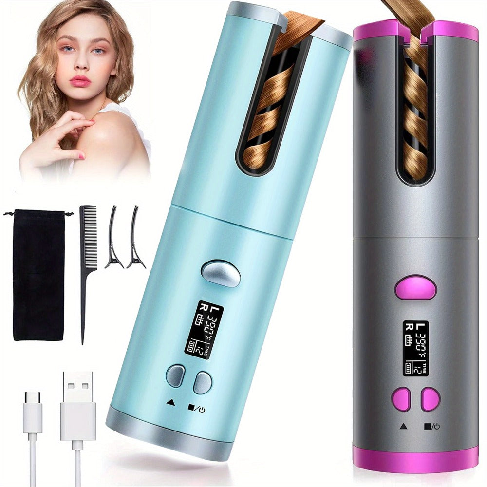 Cordless Curling Iron 1 Inch USB Rechargeable, Automatic Rotating Ceramic Curling Wand with 6 Heat Settings LCD Display, Scald-Free Detangle Hair Curler for All Hair Types Wet Dry Styling