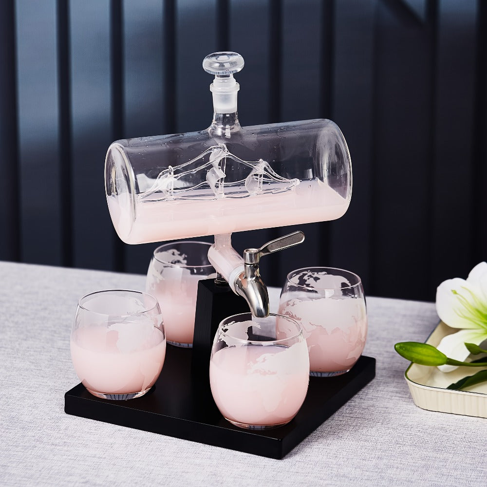 Whiskey Decanter Set with Glasses and Wooden Stand Ball Globe 28oz or Sailboat 44oz Etched Crystal Glass Cups for Whiskey Bourbon Scotch Birthday Wedding Anniversary Gift