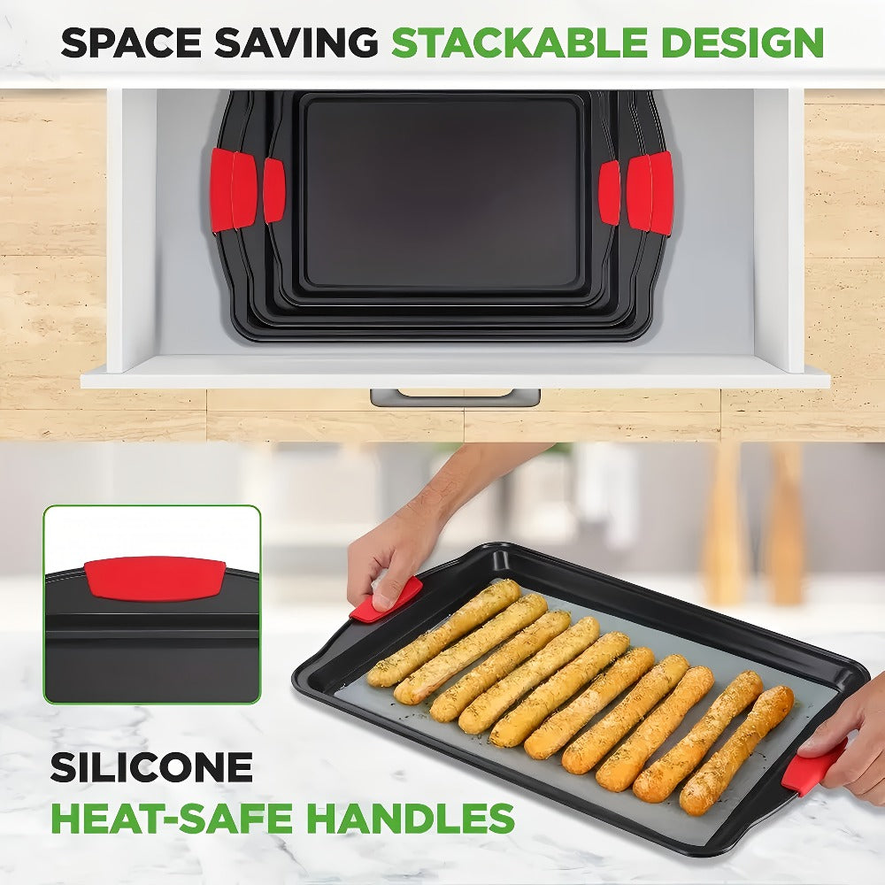 Nonstick Baking Pan Set of 3, Carbon Steel Baking Sheets with Red Silicone Handles, Double-Sided Non-Stick Coating, Oven & Toaster Safe, Professional Bakeware for Home & Commercial Kitchen Use