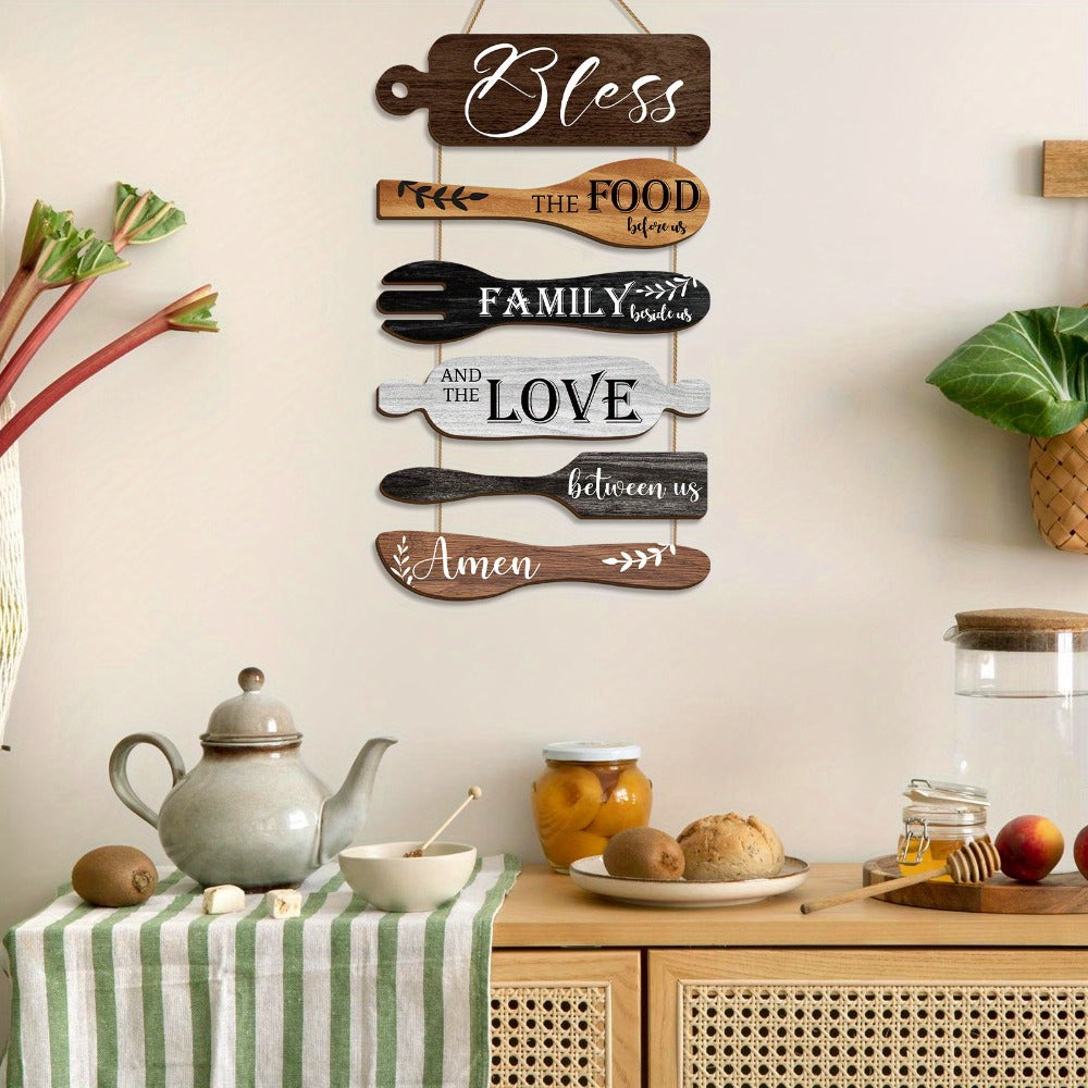 Farmhouse Wall Decor Wood Sign Set - ¡±Bless The Food Before Us¡± Rustic Kitchen Dining Room Hanging Plaque, 6-Piece Rope Wood Board Art, Housewarming Thanksgiving Gift for Home