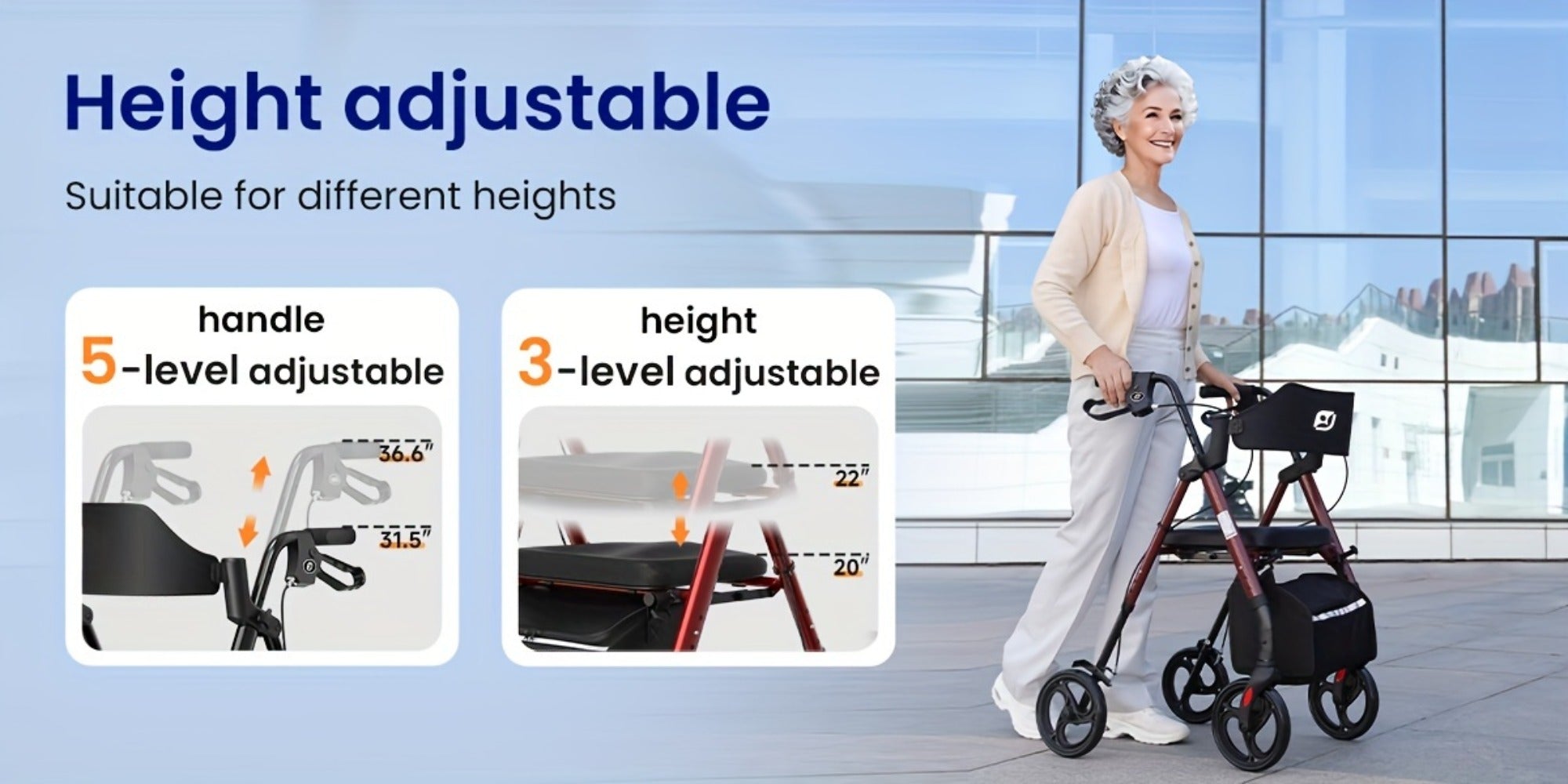 Rollator Walker for Seniors Foldable with 8-Inch Big Wheels, Durable Aluminum All-Terrain Rolling Walker with Ergonomic Backrest & Dual Adjustable Height, Upright Walker Option Available for Elderly