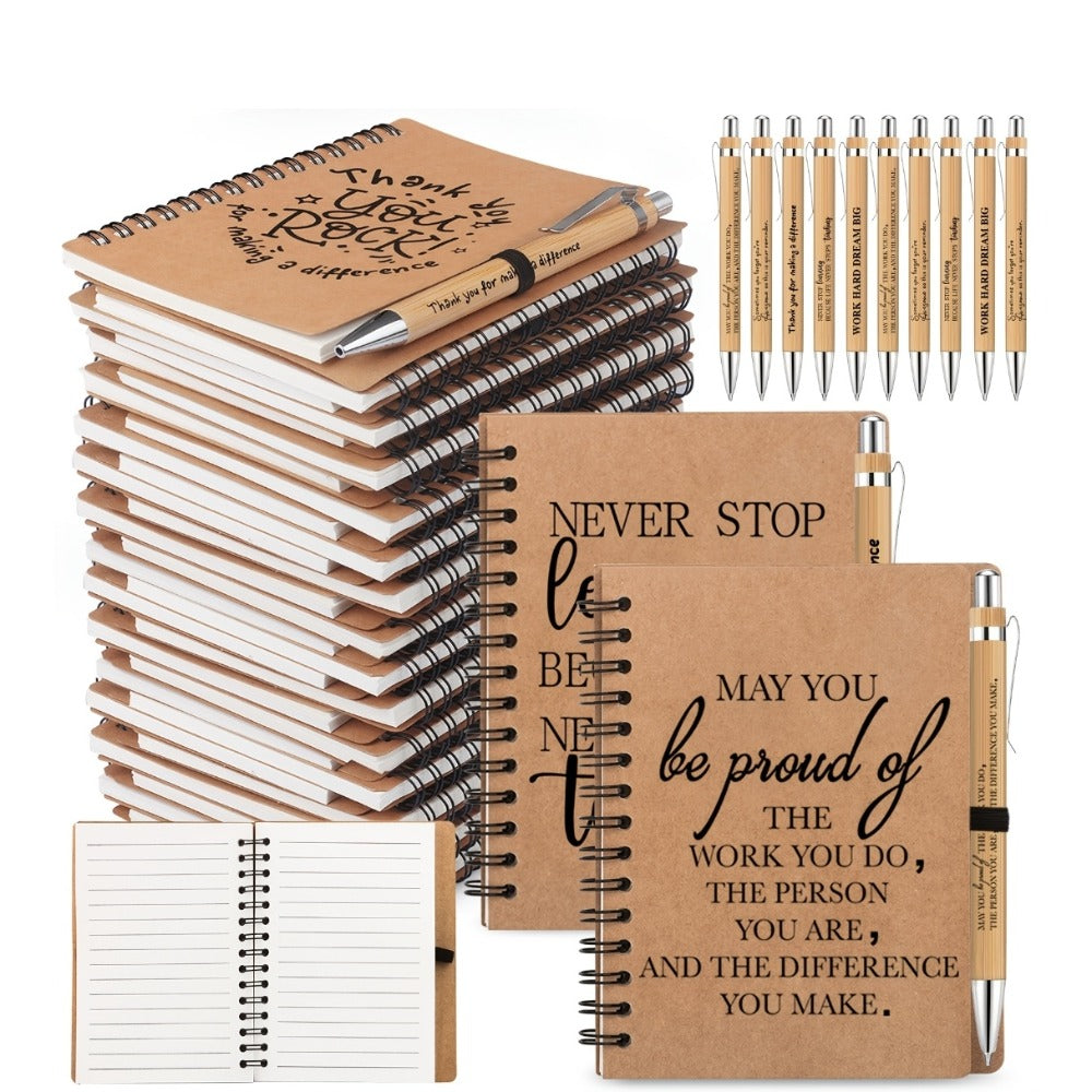Spiral Notebooks with Retractable Bamboo Pens Bulk Gift Set ¨C 30 Pack Inspirational Journals Thank You Gifts for Teachers Employees Back to School Encouragement Notepad