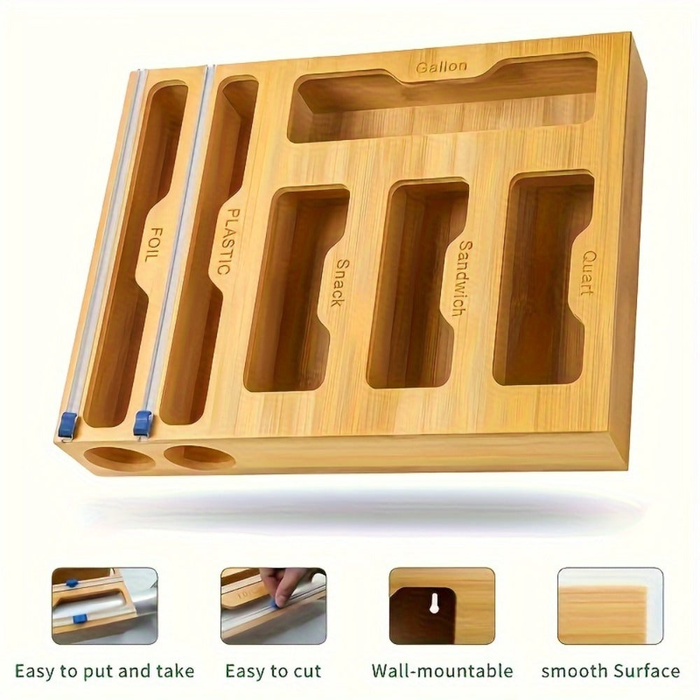 Bamboo Kitchen Organizer 6-in-1 - Aluminum Foil Plastic Wrap Dispenser with Cutter Ziplock Bag Organizer for Kitchen Drawer Gallon Quart Sandwich Snack Bags Storage