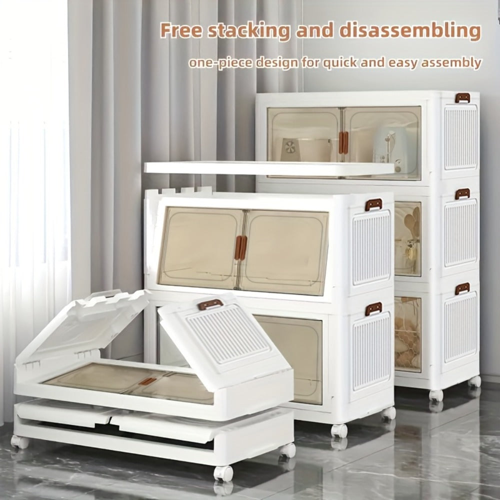 Stackable Foldable Storage Cabinet with Door ¨C PP Plastic 1/2/3/4/5 Layer Organizer Box with Wheels & Cover | Dual-Access Home Storage for Clothes, Books, Snacks & Kitchen Supplies | Office & Garage