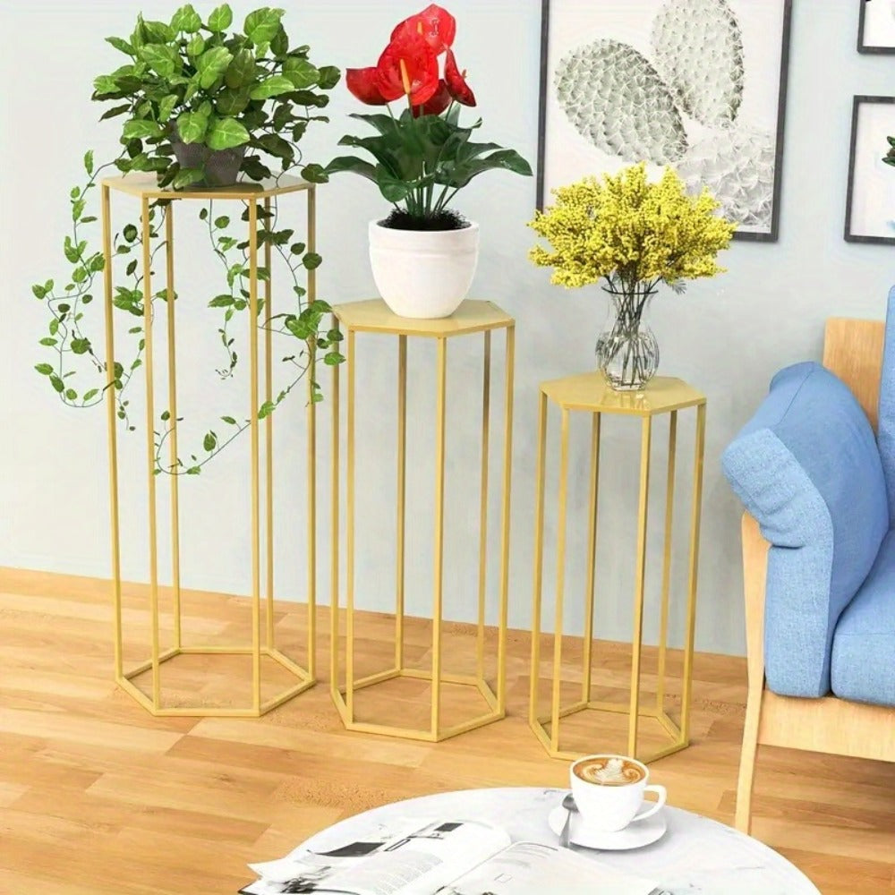 Golden Cake Stand & Pedestal Stand Set - Metal Cylinder Hexagon Display Stand for Wedding, Party & Home Decor