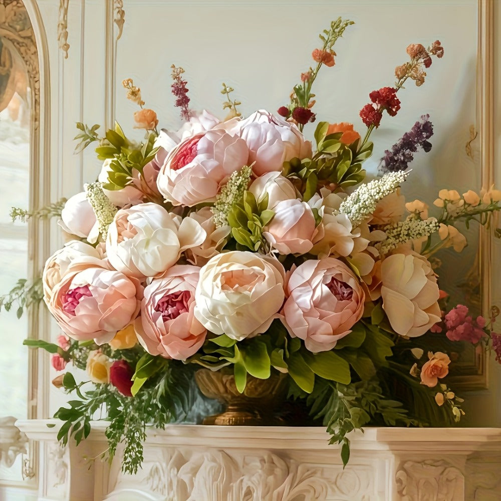 Faux Peonies Hydrangeas Artificial Flowers Vintage Silk Bouquet - Pink Green Mix Floral Centerpiece for Bridal Wedding Home Table Decor Rustic Farmhouse Arrangement