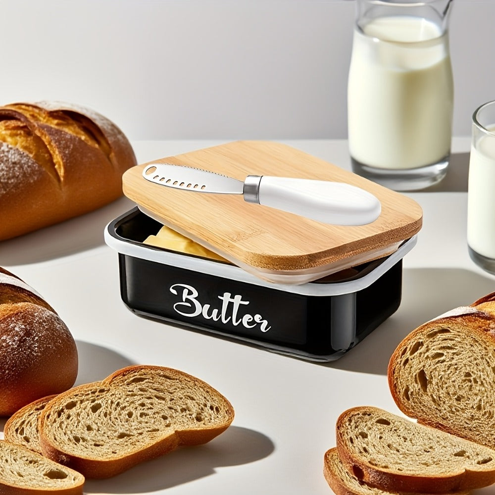 Butter Dish with Bamboo Lid & Knife, Iron Airtight Butter Keeper & Cheese Storage Box ¡ª Large Capacity Kitchen Counter Butter Container | Holiday Gift | Black, Gray, Green