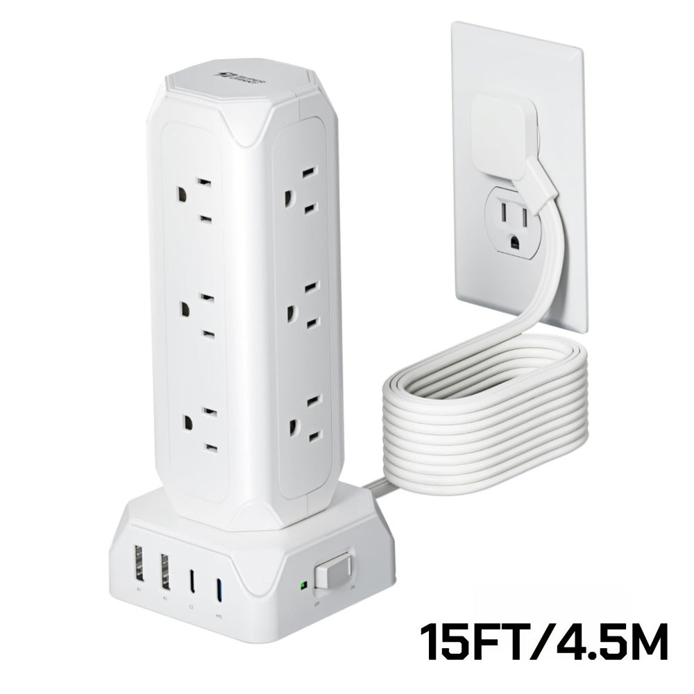 Power Strip Tower 16-in-1 Surge Protector 12 AC Outlets 4 USB Ports USB-C PD20W 1800J Protection Desktop Charging Station 10ft or 15ft Extension Cord for Office School Dorm White
