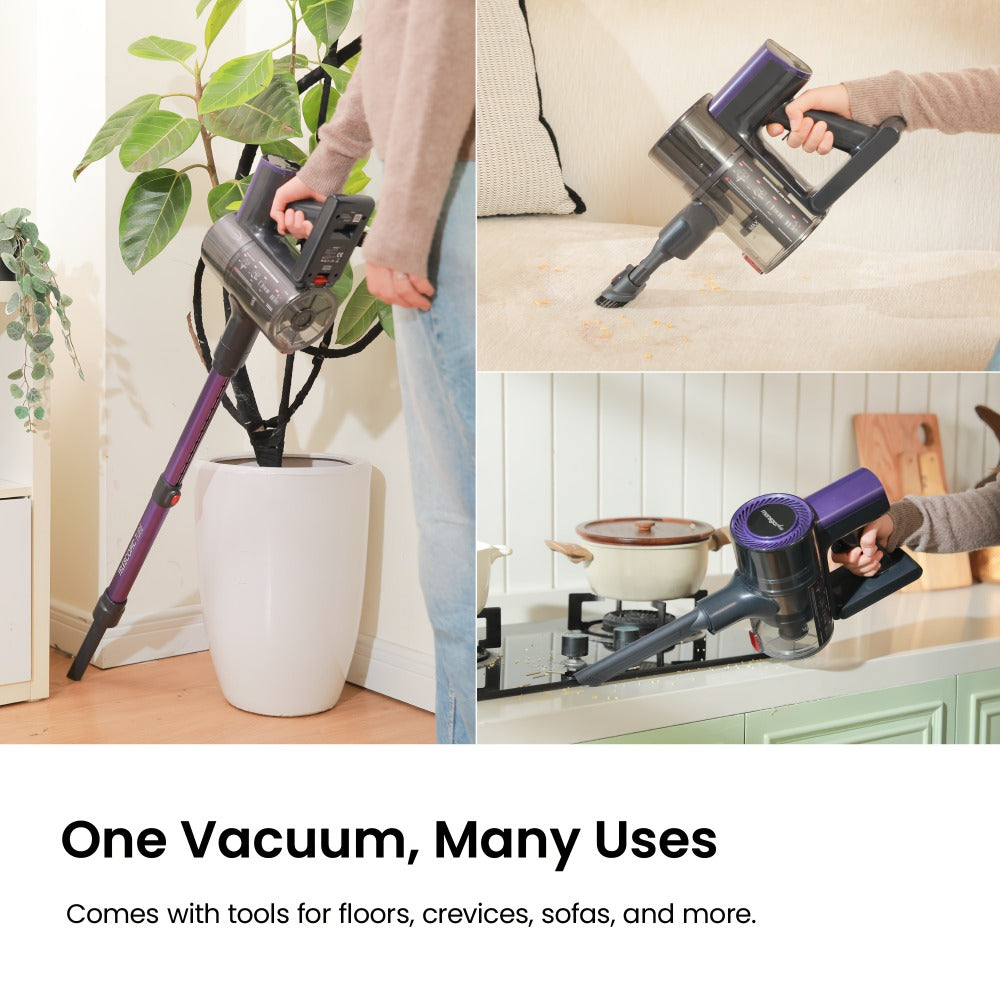 Cordless Vacuum Cleaner 46KPA Powerful Suction Lightweight Detachable Battery Anti-Tangle V-Shaped Brush 6-Stage Filtration 1.8L Dust Cup for Hard Floor Carpet Pet Hair Home