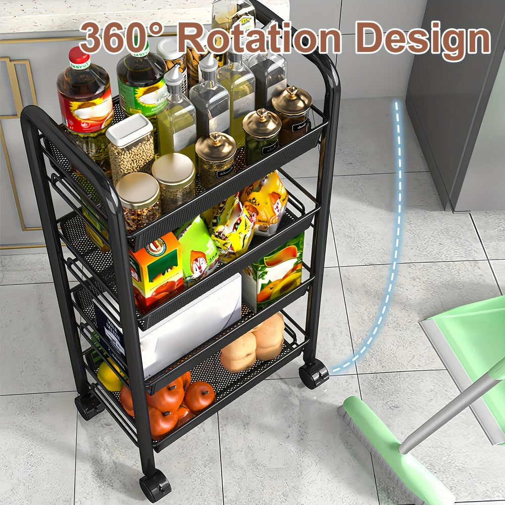 Rolling Storage Cart on Wheels ¨C 3/4/5 Tier Carbon Steel Wire Basket Trolley, Black Metal Utility Cart for Kitchen, Bathroom, Bedroom, Office & Living Room, Space-Saving Detachable Shelving Unit