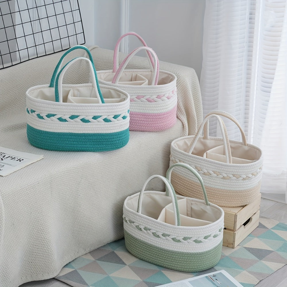 Boho Rope Storage Basket Woven Foldable Organizer 14¡± Large Capacity - Removable Lining Striped Shelf Basket with Handle for Home Bedroom Living Room Laundry Decor