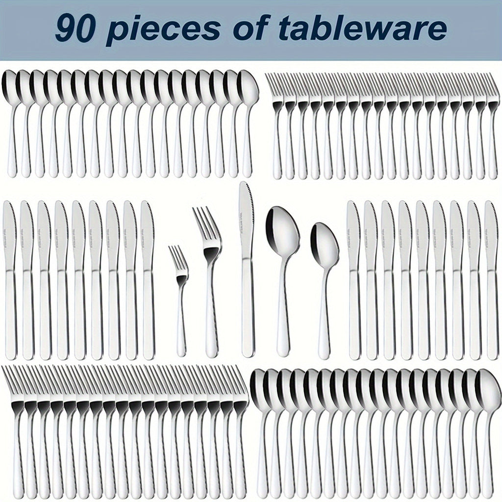 Stainless Steel Silverware Set 60 or 90 Piece with Gift Box ¨C Service for 12 or 18, Includes Steak Knives, Salad Forks & Dessert Spoons, Dishwasher Safe Cutlery for Home, Wedding & Outdoor