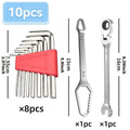 Wrench Set 10-Piece Multi-Function ¨C 8 Hex Wrenches, Flare Wrench & 10mm Ratchet Wrench, Chrome Vanadium Steel, 180¡ã Rotating Double-Ended 72-Tooth Precision Gear Design