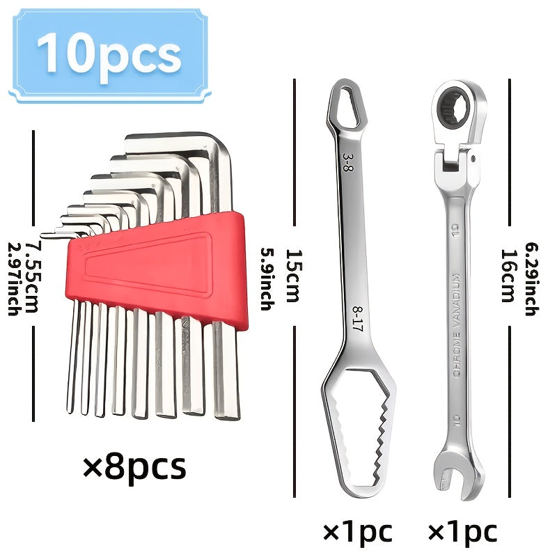 Wrench Set 10-Piece Multi-Function ¨C 8 Hex Wrenches, Flare Wrench & 10mm Ratchet Wrench, Chrome Vanadium Steel, 180¡ã Rotating Double-Ended 72-Tooth Precision Gear Design