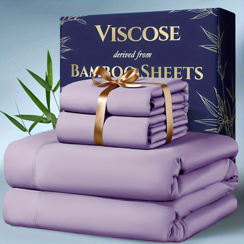 Bamboo Cooling Bedding Set 4pcs - Deep Pocket Fitted Sheet, Flat Sheet & Pillowcases for Hot Sleepers, Breathable Soft Viscose Sheets Twin Full Queen King