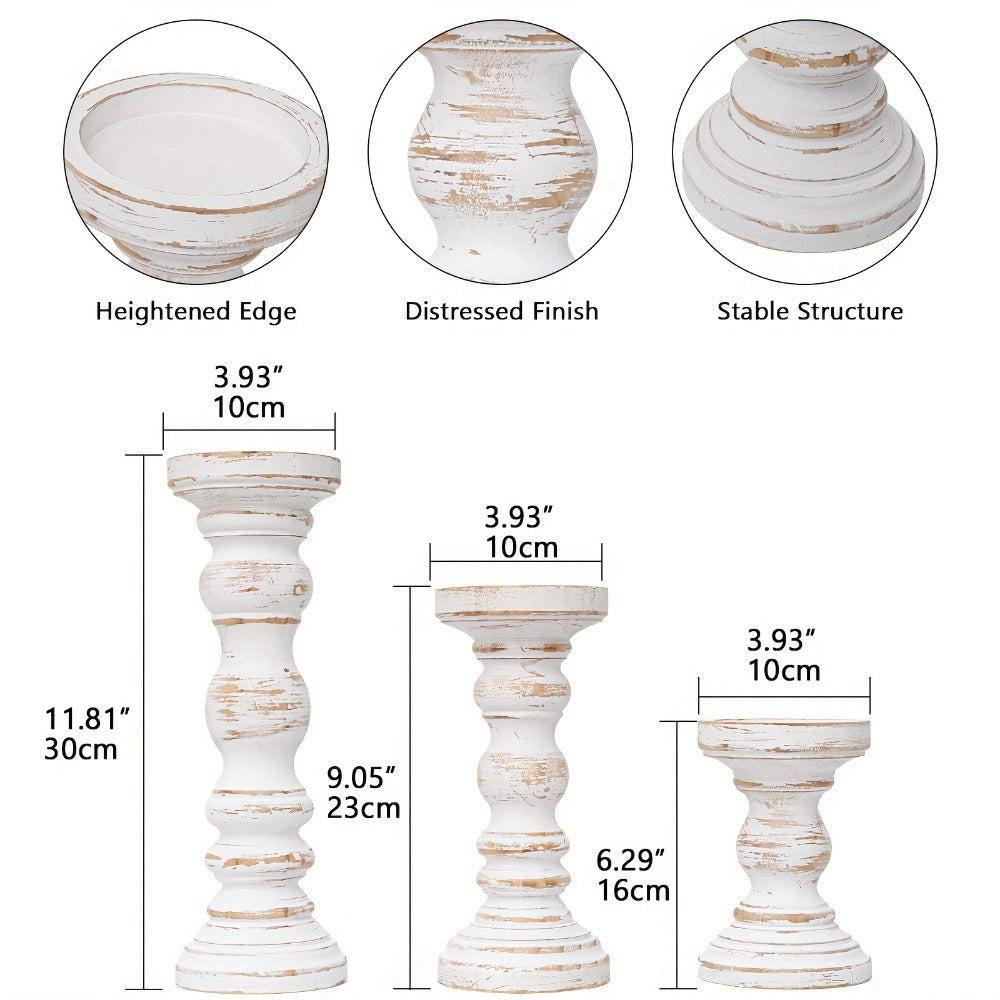 Wood Pillar Candle Holder Set of 3 - Farmhouse Rustic Wooden Candlestick Holders for Pillar Candles, Tiered Tray Decor, Table Centerpiece, Mantel Shelf Home Decor, White Black Brown