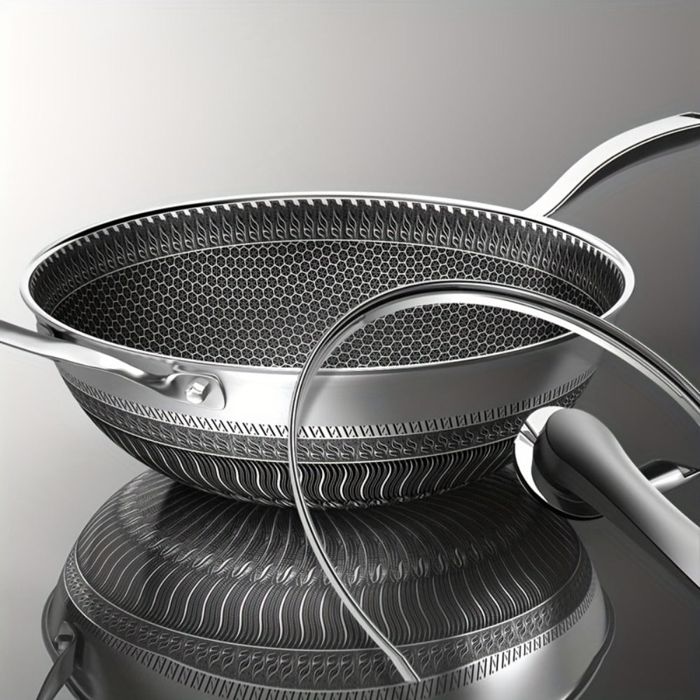 Stainless Steel Wok Set 13.3 Inch Non-stick Honeycomb Design with Lid & 2 Cookware Accessories ¨C Induction Compatible Cooking Pan for Electric Ceramic Gas Stove, Dishwasher Safe