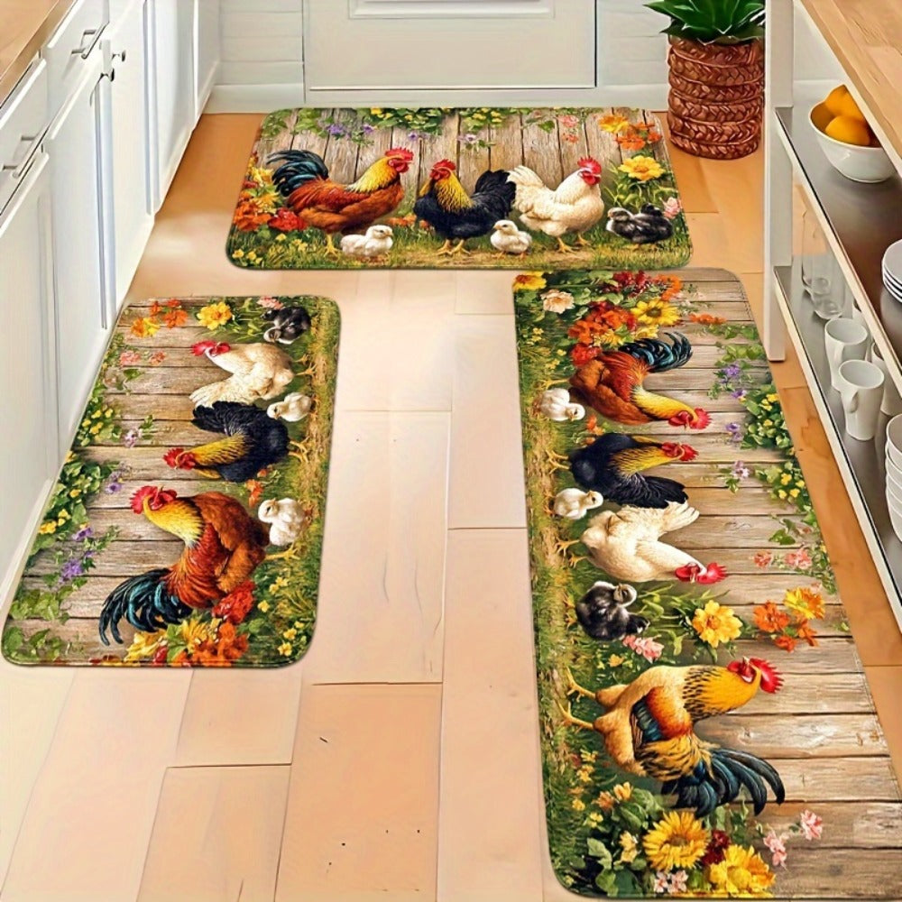 Rooster Kitchen Rugs Set 1/2/3/4pcs Vintage Farmhouse Anti-Slip Floor Mats for Kitchen Bedroom Bathroom Living Room Laundry Room Entrance