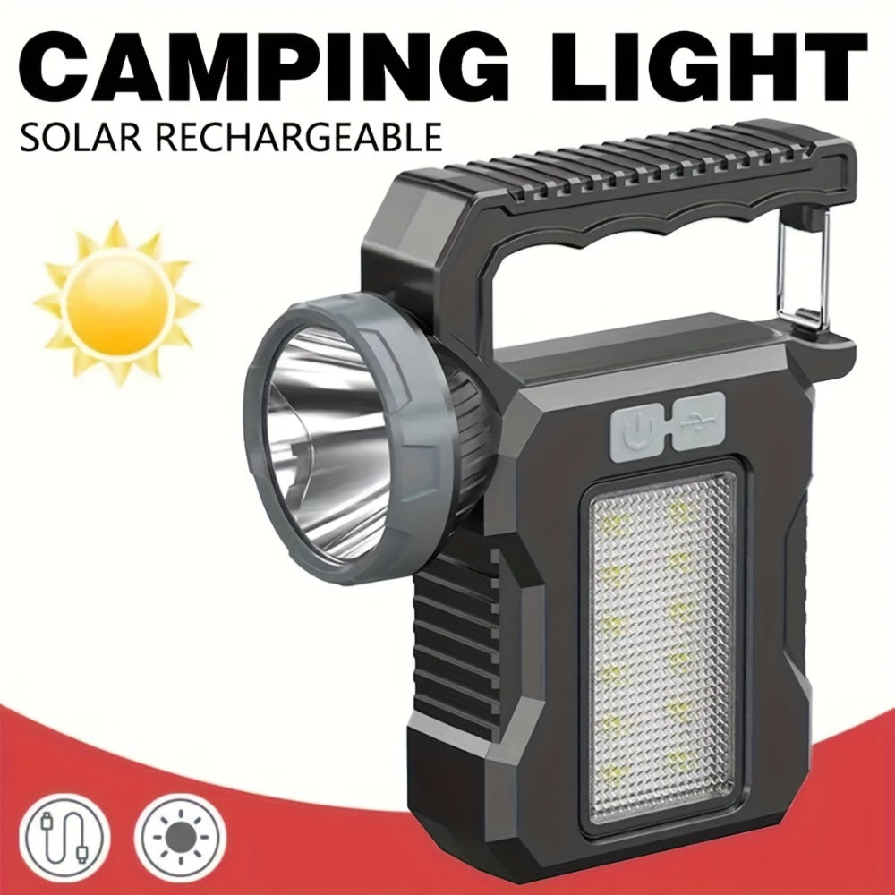 LED Searchlight Spotlight Solar & USB Rechargeable | High-Power Handheld Flashlight with Side Light Locking Clip 4 Modes | Camping Fishing Work Outdoor Emergency Gift