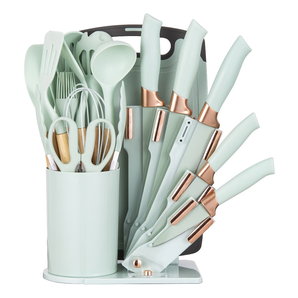 19-Piece Kitchen Knife & Utensil Set with Wooden Handles, Non-Stick Blades, Silicone Cooking Tools, Cutting Board, Scissors & Holder