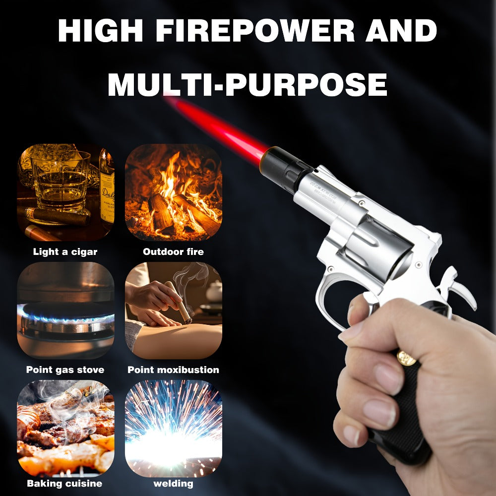 Windproof Butane Lighter with Adjustable Flame | Pistol Revolver & Wheel Design for Camping Outdoor Cooking Grilling BBQ Charcoal Lighting