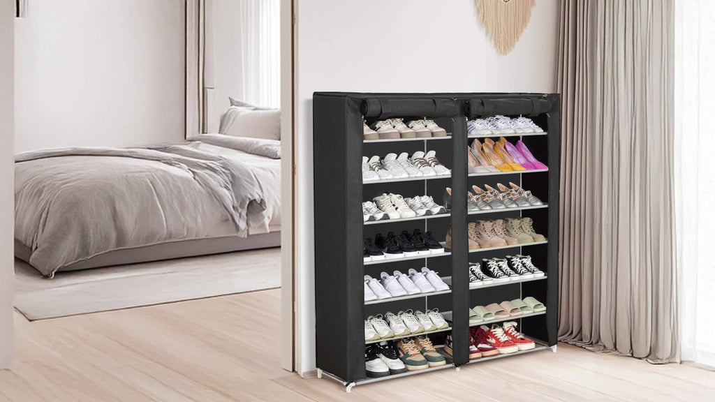 Shoe Rack Organizer 9 Tier Double Row Large Capacity Holds 42 Pairs Nonwoven Fabric Dust Cover Portable Shoe Cabinet Space Saving Easy Assembly for Home Bedroom Closet Dormitory Black