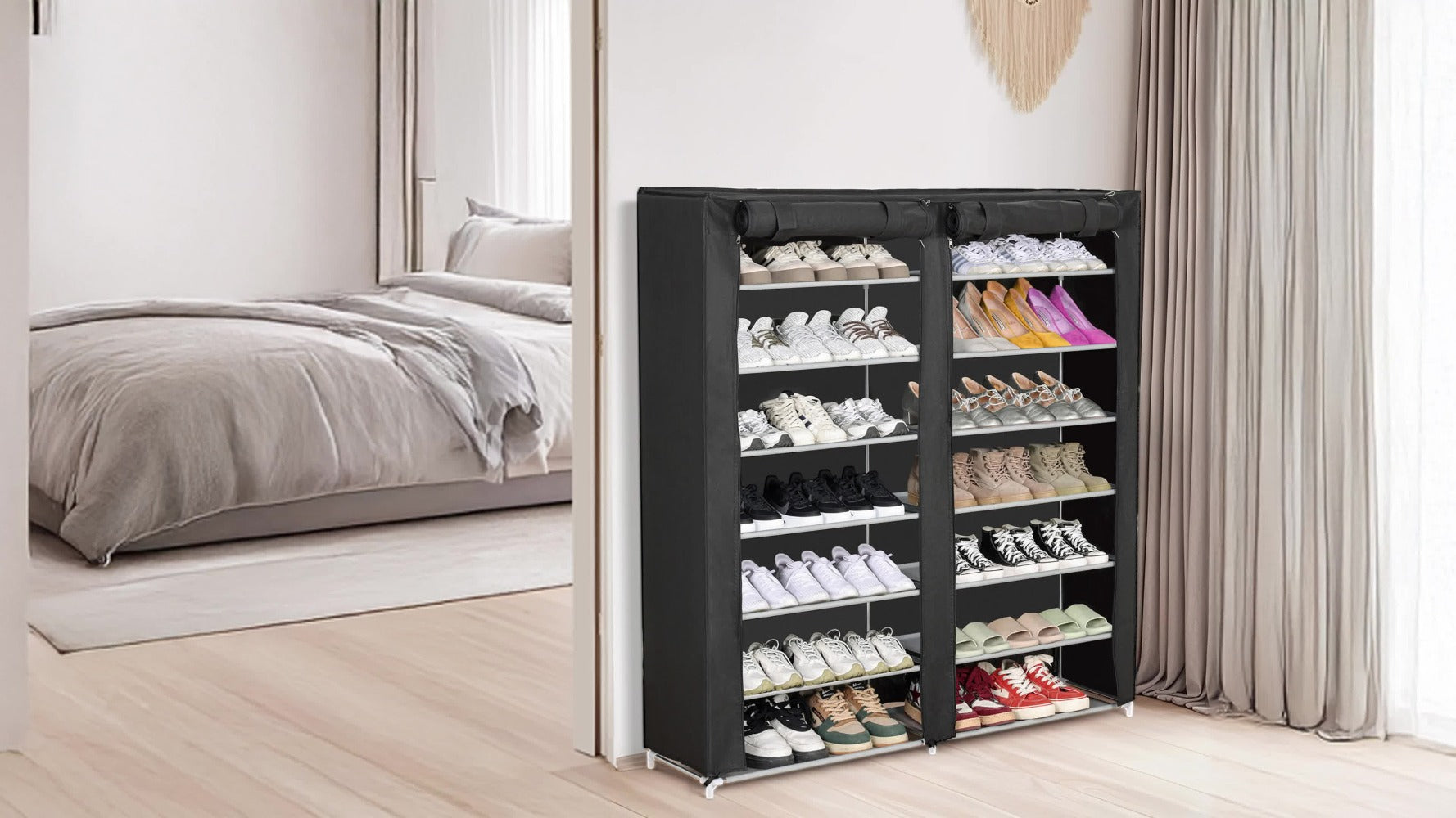 Shoe Rack Organizer 9 Tier Double Row Large Capacity Holds 42 Pairs Nonwoven Fabric Dust Cover Portable Shoe Cabinet Space Saving Easy Assembly for Home Bedroom Closet Dormitory Black