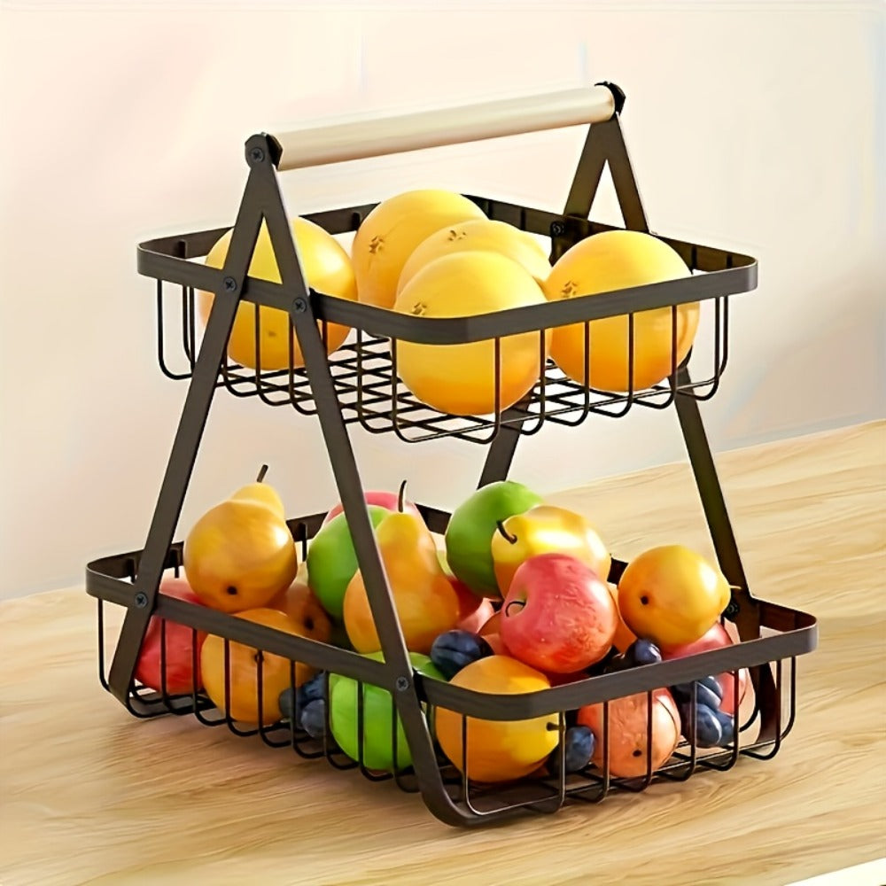Metal Wire Bathroom Storage Basket with Wooden Handle Multi-Tier Countertop Organizer Detachable Fruit Basket Kitchen Pantry Bedroom Desk Organization