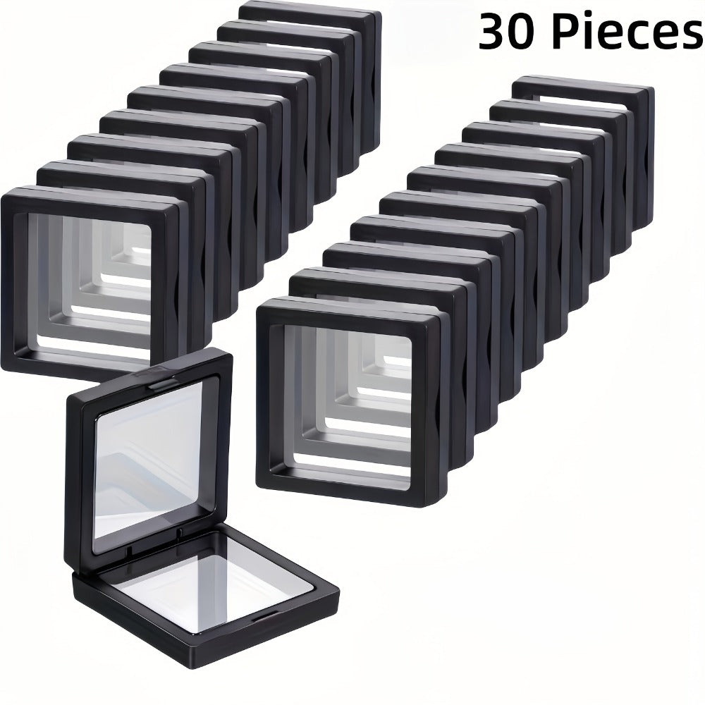 3D Floating Jewelry Display Box Bulk Set | Black Plastic Frame Clear Acrylic Panel Fabric-Lined Organizer for Jewelry Coins Collectibles ¨C Secure Clasp Closure ¨C 30 or 60 Pieces