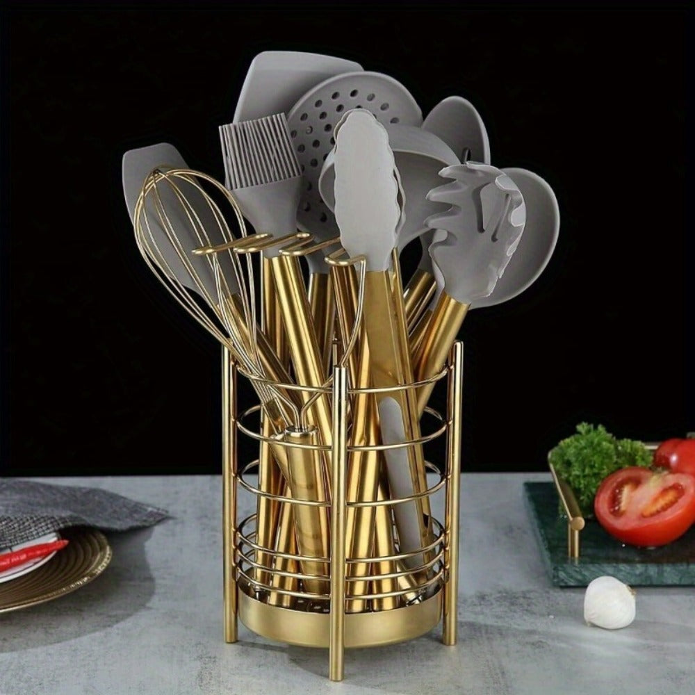 Kitchen Utensil Set 38 Piece Gold Stainless Steel with Silicone Heads Utensil Holder Measuring Cups Spoons Hooks BPA-Free Dishwasher Safe Complete Cooking Tool Set