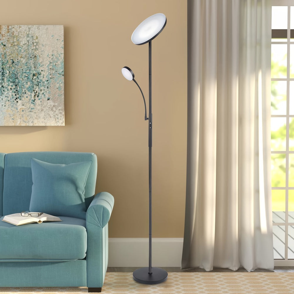LED Floor Lamp with Reading Light ¨C 27W 2300LM Dimmable Torchiere Standing Lamp, 4 Color Temperatures, Remote & Touch Control, Metal Base for Living Room Bedroom Home Office (Black/White)