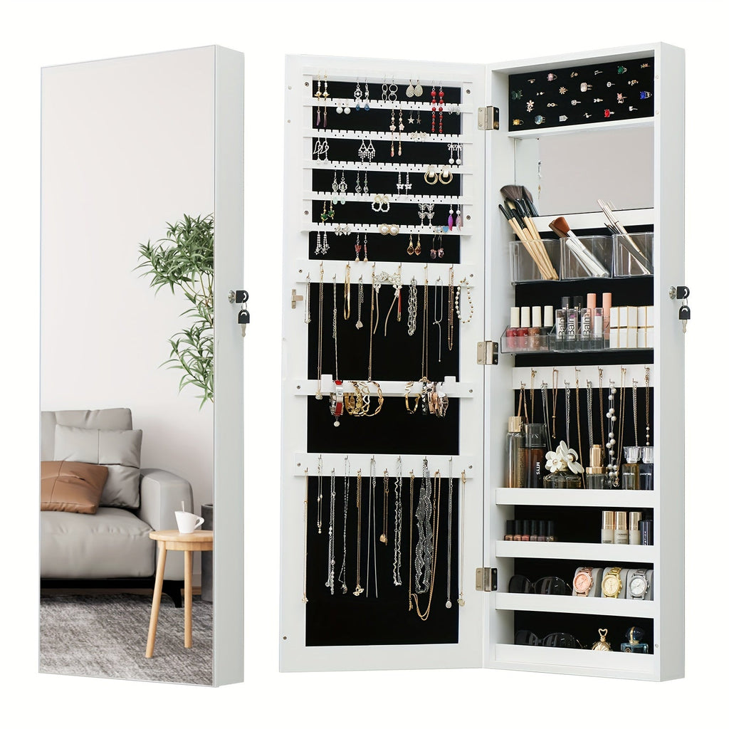 Full Length Mirror Jewelry Armoire Cabinet, 2-in-1 Lockable Over the Door Mirror with Jewelry Storage, Makeup Organizer with Baskets Bins & Hooks, Bedroom Vanity Jewelry Cabinet in Black White Brown