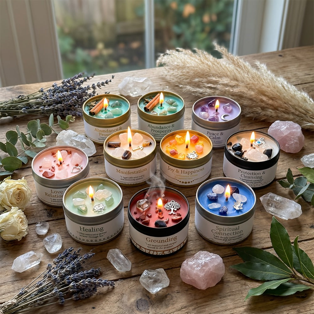 Manifestation Candles Scented Soy Wax with Crystal & Guidance Card for Meditation Yoga Focus | Law of Attraction Abundance Candle | Christmas Birthday Gift for Women