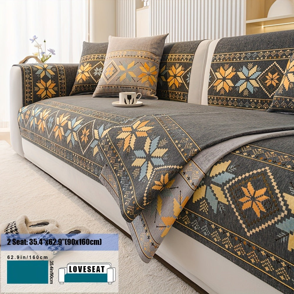 Chenille Sofa Slipcover 1pc Boho Vintage Style - Luxury Non-Slip Removable Four Seasons Universal Couch Cover | Armrest 1 2 3 4 Seater | Dark Gray Light Gray Blue | Living Room Home Decor