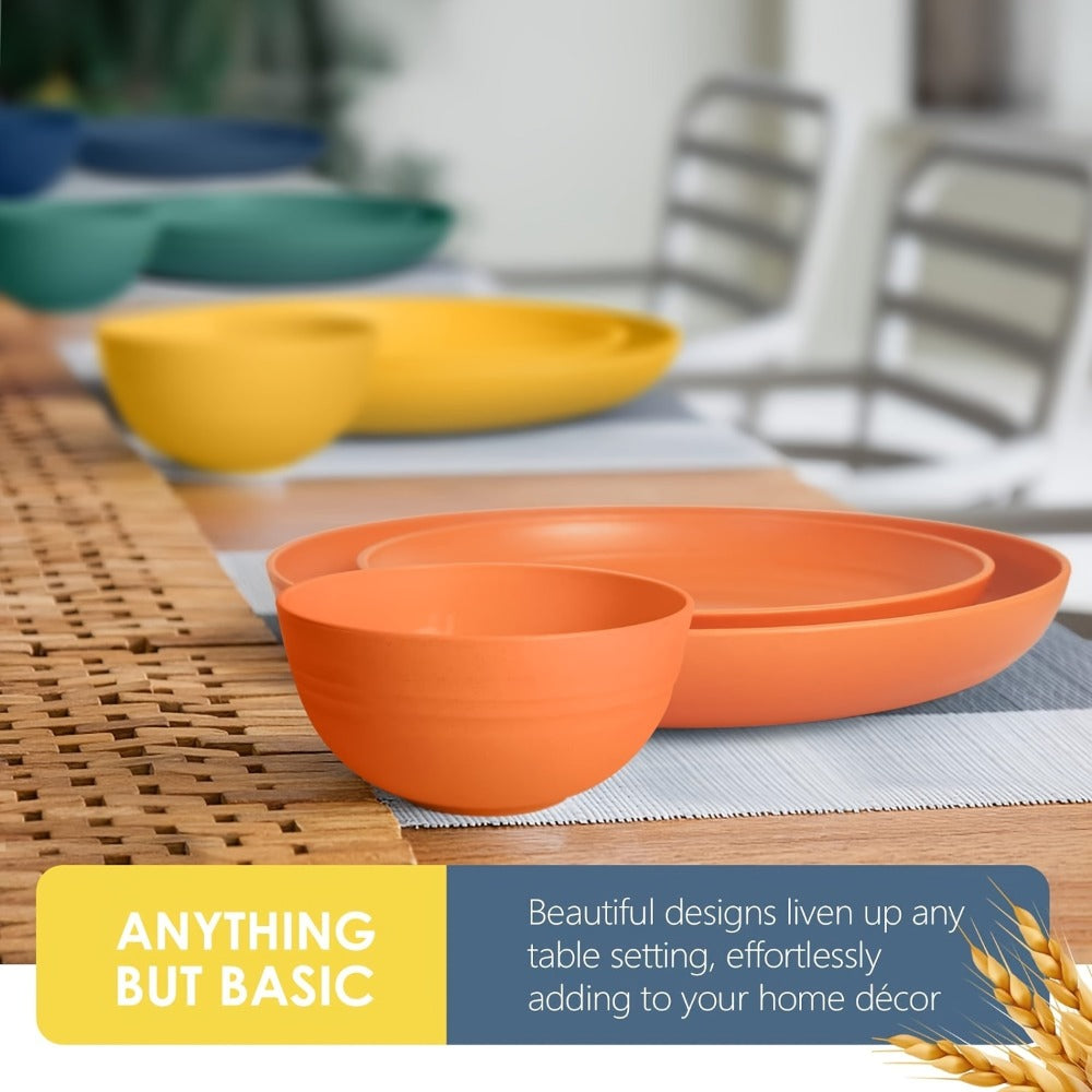 Wheat Straw Dinnerware Set 32/16pcs, Unbreakable Plastic Plates Bowls Cups, Colorful Outdoor Camping Dishes Service for 8
