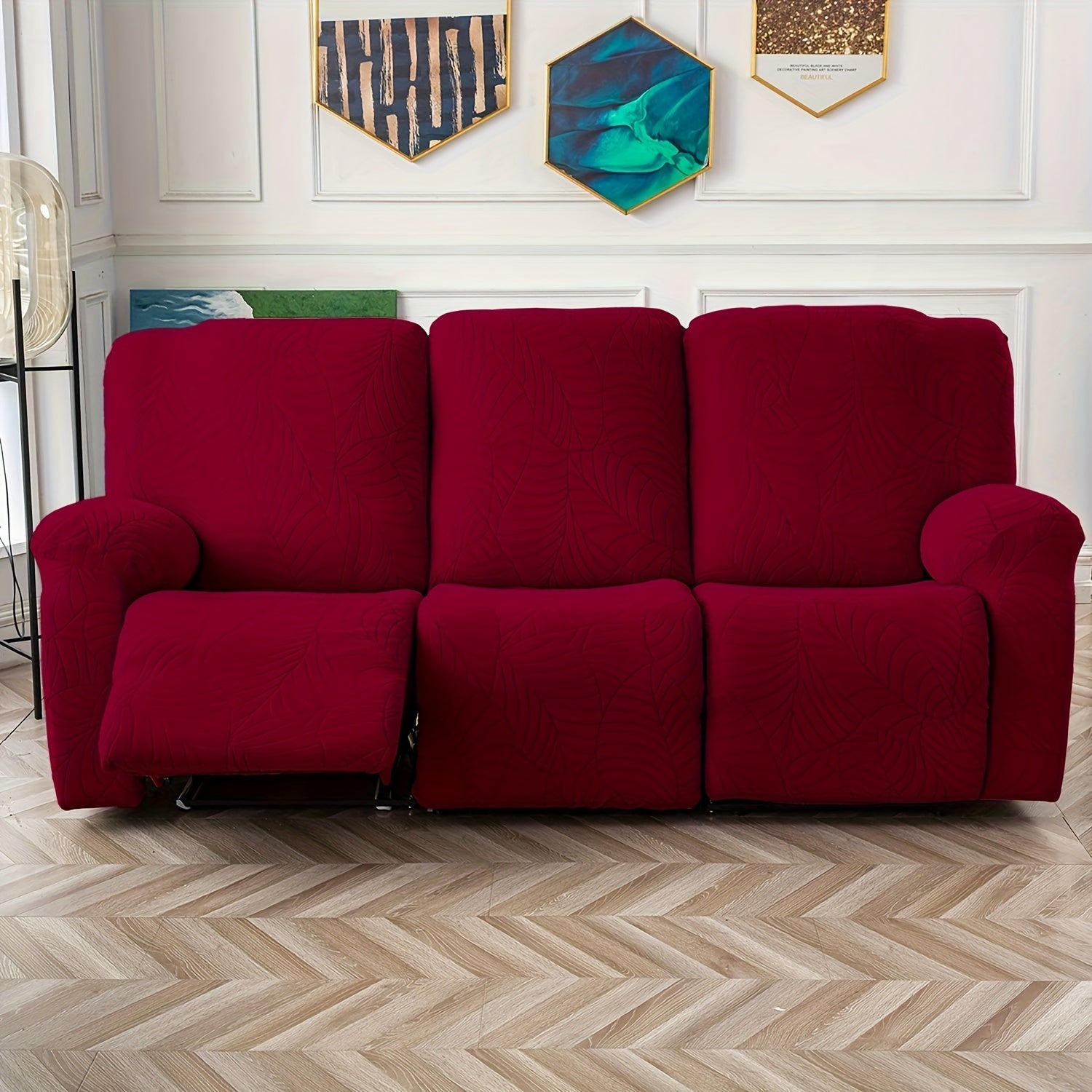 Jacquard Stretch Sofa Recliner Cover Big Leaves - High Stretch Soft Washable Slipcover for 1 2 3 Seat Loveseat with Console Furniture Protector Home Decor, 6 Colors