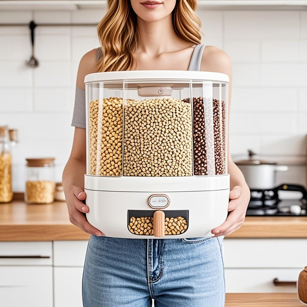 Rice Dispenser 360 Rotating 6 Compartment Grain Storage Container - Airtight Moisture Proof with Transparent Window, Food Grade PP, Large Capacity for Rice Cereal Flour and Pet Food, Medium 13lb or Large 22lb