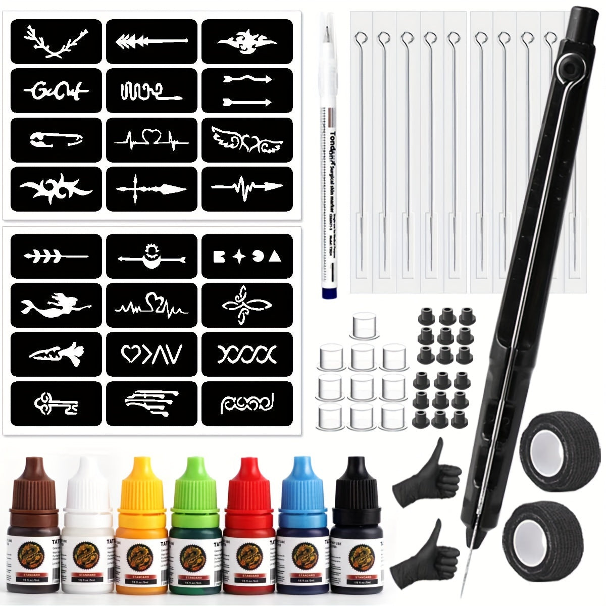 Stick and Poke Tattoo Kit - DIY Manual Tattoo Pen Hand Tool Set with 7 Color Inks, Needles, Bandage & 2 Hollow Stencil Templates for Tattoo Artists & Beginners Home Use